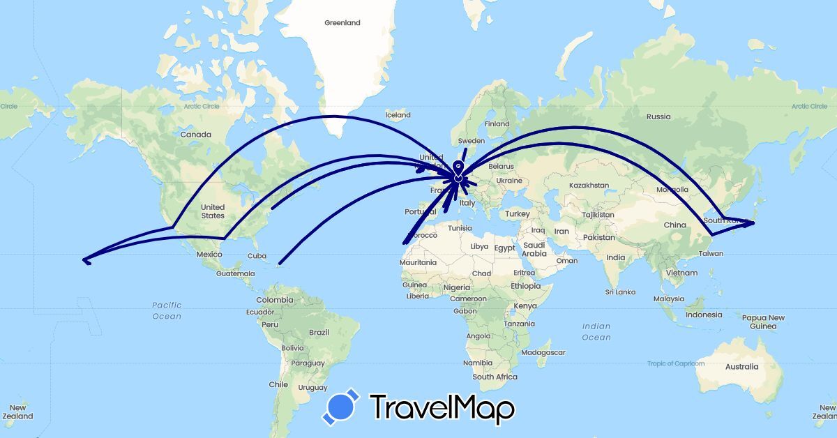 TravelMap itinerary: driving in Austria, Belgium, China, Czech Republic, Germany, Dominican Republic, Spain, France, United Kingdom, Ireland, Italy, Japan, South Korea, Luxembourg, Netherlands, Sweden, United States (Asia, Europe, North America)