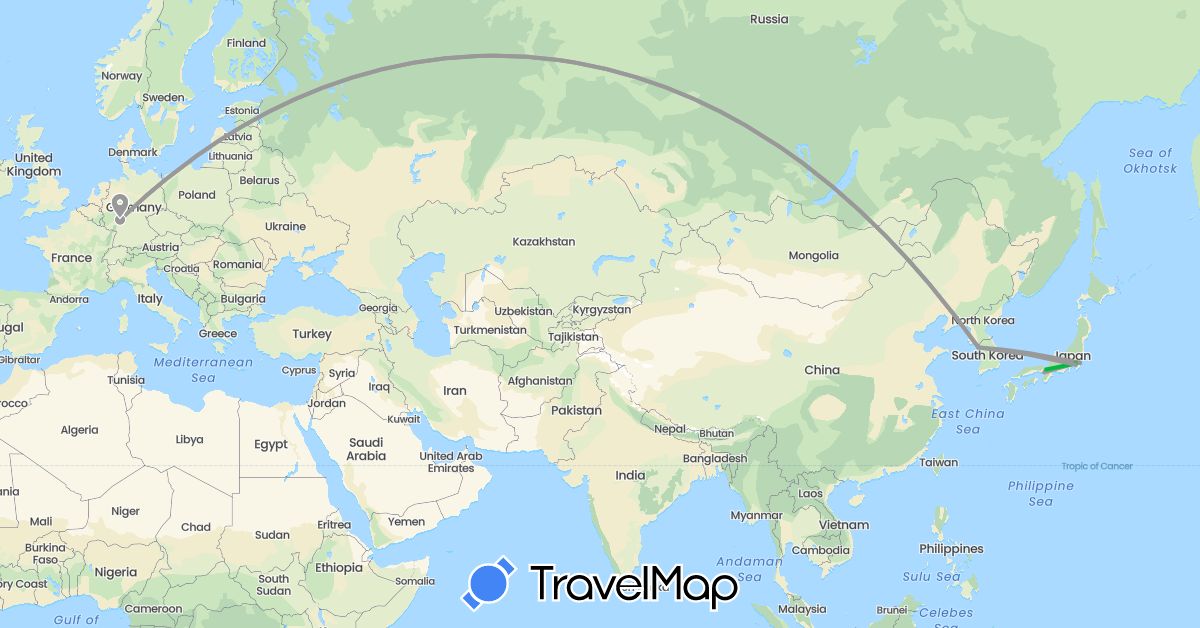 TravelMap itinerary: driving, bus, plane in Germany, Japan, South Korea (Asia, Europe)